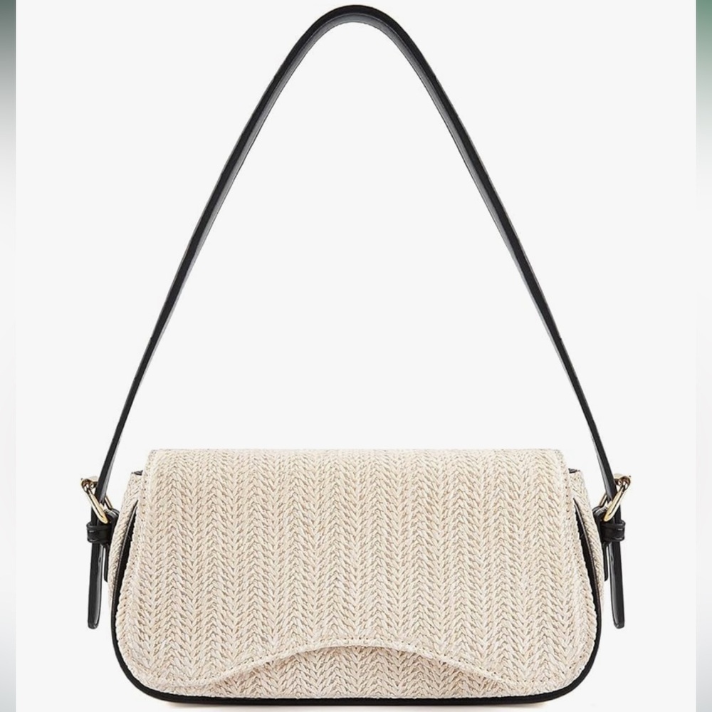 *New* Shoulder Bag Purse/Trendy Underarm Crescent - Black and Raffia Woven - Picture 2 of 16
